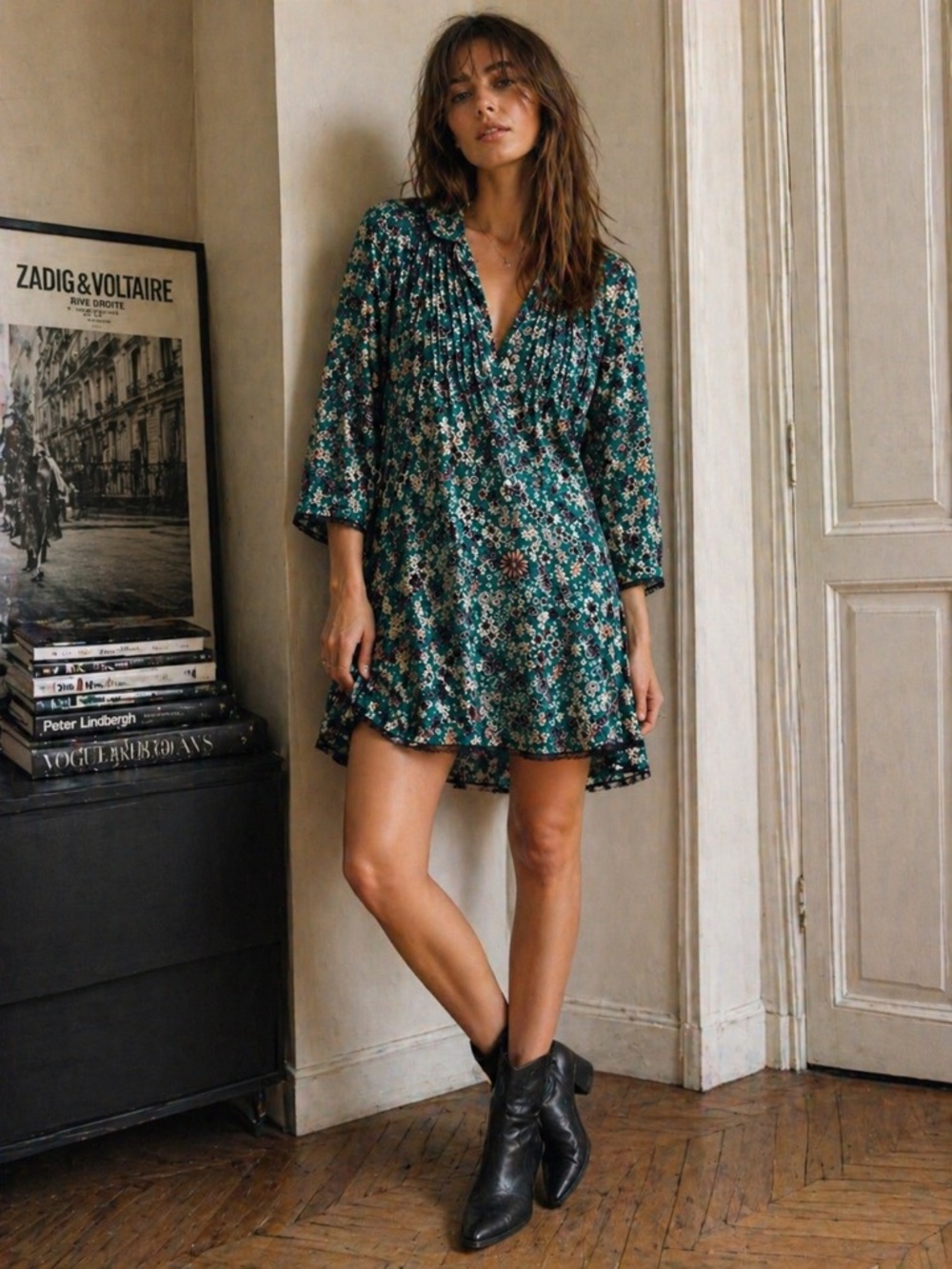 Zadig & Voltaire Floral Mini Dress Green Boho Viscose Size M